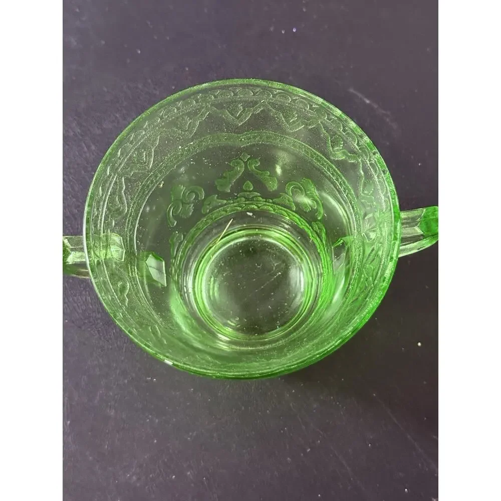 Vintage Green Vaseline Uranium Glass Depression Glass Sugar Bowl Cubist Pattern